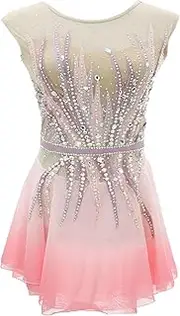 [Zagitova] Womens Figure Ice Skating Dress, Girls Sleeveless Mesh Patchwork Shiny Lyric Costume -for Competition