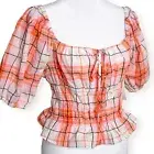 Abound Womens Small Plaid Peasant Top Smocked Cropped Cottagecore