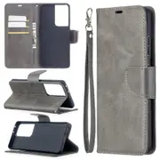 For Samsung Galaxy S21 Ultra Case Lambskin Texture Folio PU Leather Wallet Cover, Kickstand, Lanyard, Grey