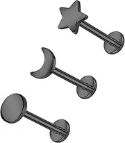 ALACLO 3pcs G23 Titanium Threadless Cartilage Earrings Moon Star Flat Back Stud 18g Nose Stud Lip Ring Helix Tragus Piercing Jewelry for Women