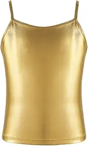 [iEFiEL] Kids Girls Shiny Metallic Dance Shirt Yoga Sports Workout Spaghetti Shoulder Straps Tank Tops Tees