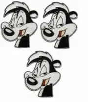 Looney Tunes Pepe Le Pew Face 2 3/4" Tall Embroidered Iron On Patch Set of 3