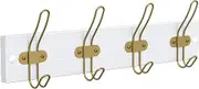 Brushed Gold Wall Hooks for Hanging Coat Clothes and Towel - Brushed Gold Coat Hook Rack Door or Wall Mount - White Hanger with 4 Metal Matte Gold Hooks for Bathroom - Solid Wood