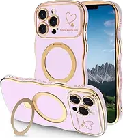 TNQBP Case for iPhone 13 Pro Max with Magnetic Stand, Luxury Plating Curly Wavy Frame and Cute Heart Pattern, Lens Edge Raised Protection, Slim Shockproof Soft Case for iPhone 13 Pro Max-Light Purple