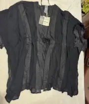 NWT Vince Camuto $68 Sheer Crotchet Fringe Kimono Swim Cover Up One Size black