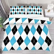 3 Pieces Polyester Duvet Cover Set,100% Natural Fabric Bedding, Blue Black and White Plaid Pattern Morden Style with Zipper Closure