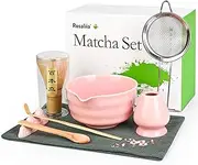 Matcha Whisk Set, Japanese Tea Set Includes Matcha Bowl, Matcha Whisk and Stand, Bamboo Spoon, Spoon Stand, Tea Towel and Stainless Steel Sieve - 17oz Ceramic Matcha Set (Pink)