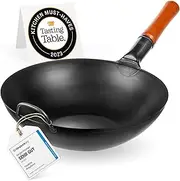 [YOSUKATA] Carbon Steel Woks and Stir Fry Pans 34 cm - Flat Bottom Pow Wok - Traditional Chinese Japanese Cookware - Black Steel 13.5 in/34 cm
