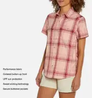 Eddie Bauer Ladies Short Sleeve Adventure Top, X-Large, Peach Starling Plaid