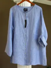 TAHARI Blue/White COLLARLESS 100% Linen Button Down Shirt Tunic Top Sz 1X NWT