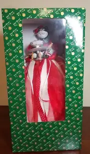 Cat Tree Topper Figurine 15in Tall Black/White Tuxedo Red Dress Sardine Fish NIB
