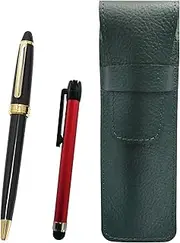 2 Pack Grain Leather Pen Case Moss Green Metal Touch Stick Red and Neo D-600 Ballpoint Pen Set Black SASMG-ALR-600B-2