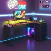 160cm Advwin L Shaped Desk Corner Gaming Desk with LED Lights & Power Outlets Convertible with Monitor Stand & Drawer Walnut