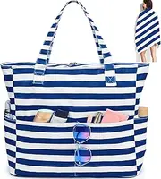 [LEDAOU] Large Beach Tote Bag Women Waterproof Sandproof Zipper Beach Tote Bag for Pool Gym Grocery Travel with Wet Pocket