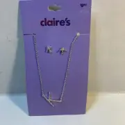 NEW Claire’s Girls Initial Earrings & Necklace Set ( K ) Silver