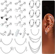 [LOLIAS] 20G Cartilage Earrings Set for Women Men Surgical Steel Helix Earrings Cute CZ Opal Star Heart Snake Small Hypoallergenic Flat Back Stud Earrings Hoop Chain Dangle Conch Daith Helix Tragus
