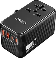 LENCENT Universal Travel Adapter, 100W GaN International Fast Charger with 2 PD3.0 Type C+2 QC USB A, Worldwide Power Adaptor for Phones,Laptops, All in One Travel Adaptor for EU/USA/UK/AU, Black