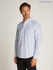 Tommy Hilfiger Blue Regular Fit Flex 100% Cotton Poplin Nautical Stripe Shirt (AM4934) | $196