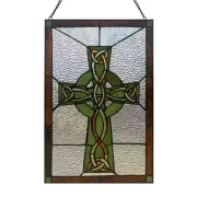 River of Goods Stained Glass Window Panel 18" H X 12" W, Vertical Celtic Cross