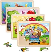 SYNARRY Wooden Puzzles for Kids Ages 3-5, 4 Packs 24 PCs Wood Jigsaw Puzzles Preschool Educational Brain Teaser Boards Toys, Zoo Farm Insect Sea Animals, Children Gifts for 3 4 5 6 Year Old Boys Girls