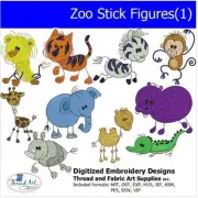 Embroidery Design Set- Zoo Stick Figures(1) - 10 Designs - 9 Formats - USB Stick