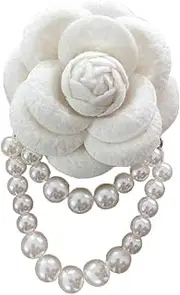 [QUREZA] Fabric Camellia Flower Brooch Pins Pearl Tassel Corsage Jewelry Brooches for Women Shirt Collar Clothing Accessories Party Wedding Gifts, Metal