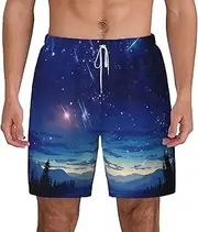 [Sipumia] Mens Starry-Sky Printed Swimming Trunks with Compression Liner 2 in 1 Quick-Dry Beach Swim Shorts with Pockets