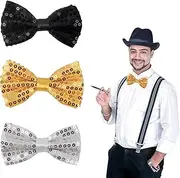 [TouKingda] Glitter Bow Tie Sparkling Sequin Bow Tie for Men, 3 Pcs Adjustable Shiny Men's Pre-tied Bowtie for Fancy Dress Costume Dance Party Stage Show Carnival Halloween Christmas(Black+Gold+Silver