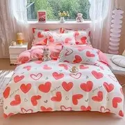 OranFran Kids Cartoon Bedding Set Love Hearts Duvet Cover 3PCS Kawaii Duvet Cover Set, Ultra-Soft Comforter Cover Reversible Design for Girls Boys(Twin,Heart)