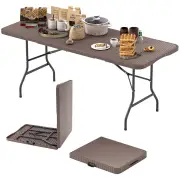 CostwayOutdoor Portable Folding Table with HDPE Rattan-Like Tabletop and Safe Lock Mechanism-Coffee