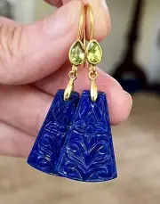 Carved Lapis Lazuli Peridot Vermeil Drop Earrings