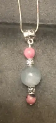 Handmade Aquamarine & Rhodonite Gemstone Pendant On Silver Snake Chain