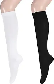 oruola 2Pairs Black/White Compression Socks,Compression Socks for Women Knee High Compression Stockings,Casual Solid Colors Fashion Breathable Tube Socks,Good Support for Running Athletic Cycling