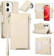 Wallet Case for iPhone 11,Zipper Pocket Magnetic [Detachable] Flip Leather Cover with 6 Card Slots and 1 Cash Slot,[RFID Blocking] Case with Wrist Strap and Lanyard for Woman/Man(White)