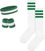 FSSTUD 5 Pcs Athletic Sweatbands and Striped Socks Sport Sweat Headband Basketball Sweat Wristbands Moisture Wicking Sweatbands Soft Running Headband for Men Women