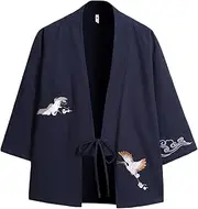 [FAXIKIO] Men's Cotton Blends Linen Open Front Cardigan Embroidery Kimono Jackets