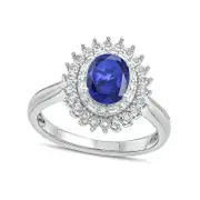 Oval Lab-Created Blue Sapphire and 0.13 CT. T.W. Diamond Starburst Double Frame Antique Vintage-Style Ring in Sterling Silver