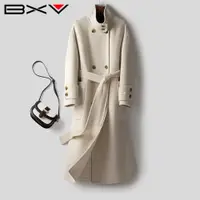 在飛比找ETMall東森購物網優惠-BXV中長款米白色雙面羊絨大衣