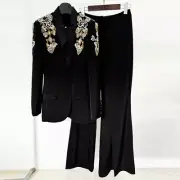Women Fashion Beaded Stand-up Collar Blazer Coats Split Trousers Suit Pants New