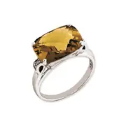 Sterling Silver RH-plated Checker-Cut Whiskey Quartz u0026 Diamond Gemstone Birthstone Ring Fine Jewelry Gift for Her