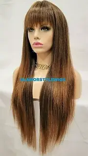 39" FULL WIG EXTRA LONG WAVY LAYERED WITH BANGS BROWN AUBURN MIX HEAT OK NWT