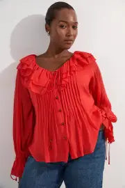Plus Size Crinkle Viscose Georgette Pin Tuck Detail Ruffle Woven Blouse