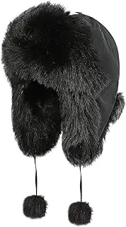 [haozaikeji] Women Winter Ear Flap Hat Trapper Hat Faux Fur Bomber Hunting Hat Fleece Lined Aviator Pilot Cap Pom Pom Earflap Hat Russian Ushanka Hat Windproof Trooper Hat Fluffy Super Warm Ski Skating Hat