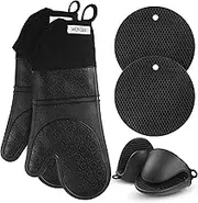 Oven Mitts and Pot Holder- Extra Long Silicone Oven Mitt Heat Resistant 500 Degrees with bonus 2 trivets & Mini Pinch Oven Mitts-Food Safe Baking Gloves for Cooking in Kitchen with Soft Inner Lining (Black Oven Mitts Set)