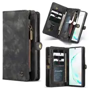 CaseMe For Samsung Galaxy Note 10 Zipper & Detachable Retro Leather Pouch Wallet Flip Purse Bag Detachable Phone Case Cover (Black)