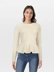 Ecru Wool Cable Knit Faux Pearl Jumper