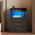 Bedside Table RGB LED Nightstand Charging Station 3 Drawers Cabinet Black