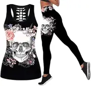 DRZHEAM Women’s Sugar Skull Yoga Outfits for Women 2 Piece Sets, Christmas Tank Tops Leggings Workout Activewear for Girls