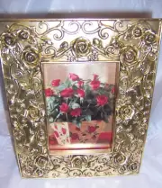 VINTAGE NEW GORGEOUS RAISED ROSE DESIGN GOLD FINISH PHOTO FRAME - 6.5X8 INCHES
