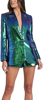 [Botong] Womens Glitter Blazer Short Pants Set 2 PC Slim Fit Peak Lapel Prom Party Suit Womens Sequins Suit